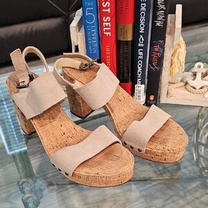 Jessica Simpson Platform Wedge Cork Beige Block Heels Ankle Strap Size 9.5